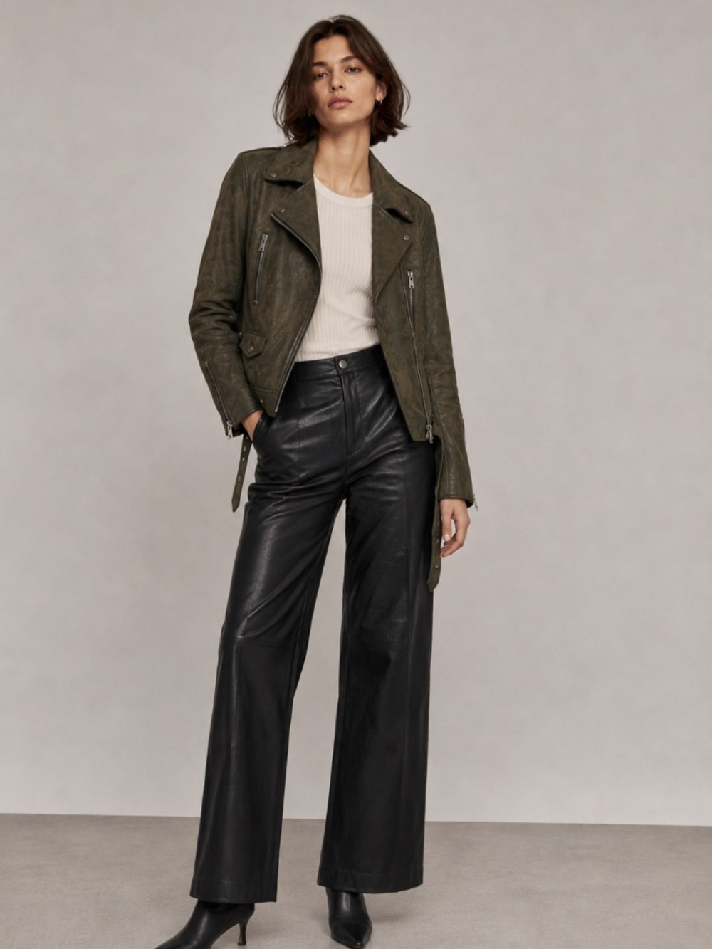 ZARA Chic Sexy Distressed Vegan Leather Moto Olive Green Timeless Belted Jacket